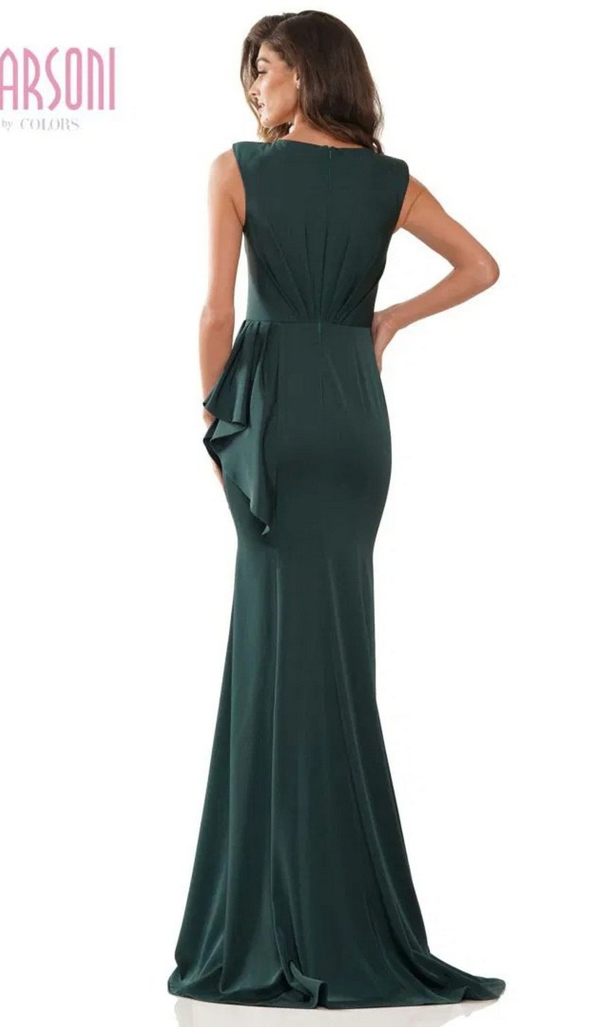 Woman wearing the Marsoni MV1227 long formal dress in dark green, sleeveless with a fitted waist and side draping detail, shown from the back.